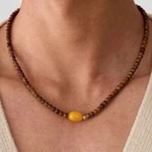 Agarwood Flat-Bead Chain with Amber Barrel Beads and Silver - Unisex Layered Wooden Necklace