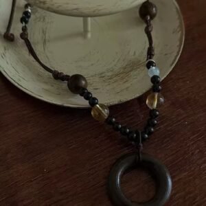 Obsidian and Aquamarine Beaded Necklace with Wood and Ceramic - Short Layered Unisex Chain 21+5 cm