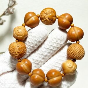 Hand-Carved Monkey-Head Walnut Duobao Bracelet with Peach Star and Heart Charms