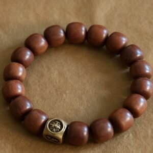 Aged Jujube Wood Barrel Bead Bracelet with Four Sacred Beasts Copper Charms 12x11mm