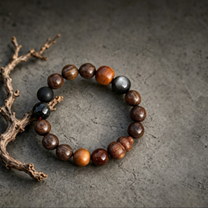 Golden-Thread Sandalwood Duobao Bracelet with Gourd Silver Obsidian and Mixed Wood Accents 12mm