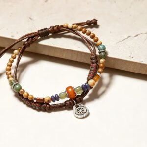 Hand-Woven Double-Layer Beeswax Amber Beaded Bracelet with S925 Silver Blue Lace Agate and Tiger Eye - Adjustable